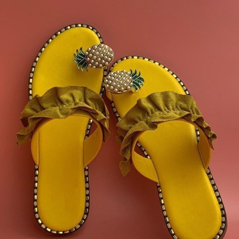 Pineapple Pearl Womens Slippers Flat Toe Casual Beach Slides